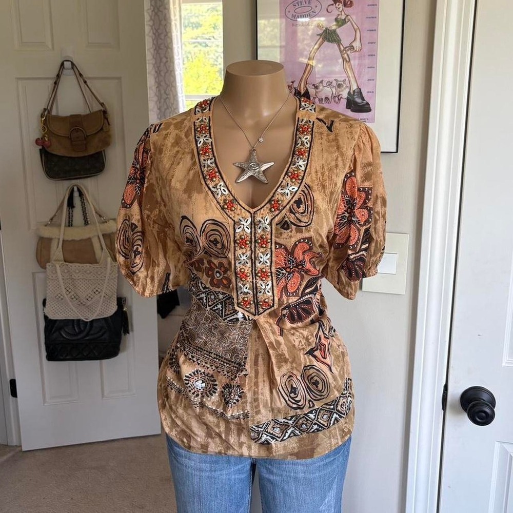 Y2K 2000s Boho Embellished Paisley Peasant Top